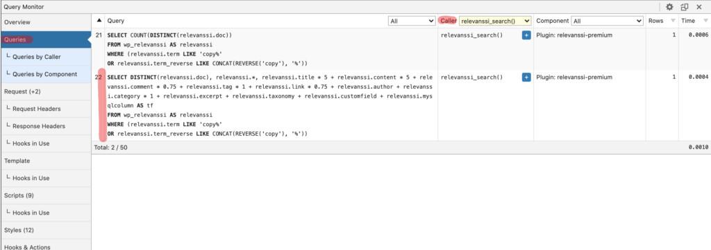 Query Monitor Queries panel