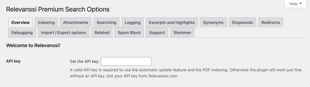Relevanssi API key settings field
